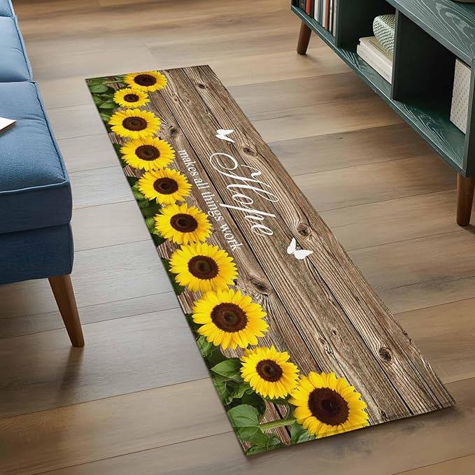 Runner Rug for Bedroom Hallway, Farm Sunflower Positive Energy Quote Kitchen Runner Rugs Area Rug 2x6ft, Retro Dark Brown Wood Grain Washable Soft Floor Carpet for Entryway Stair