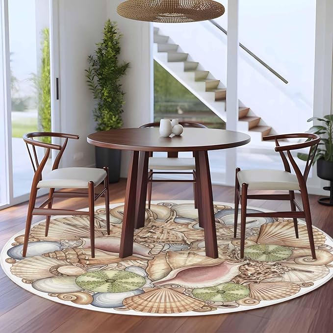 Washable Round Area Rug Coastal Colorful Shell Conch Circle Rugs Floor Carpet for Living Room Bedroom, Modern Abstract Art Soft Non Slip Round Rug 5ft