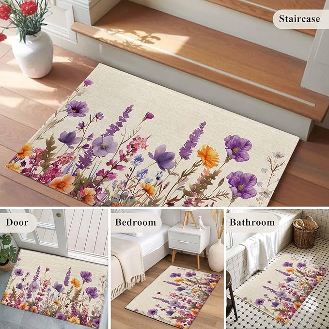 Area Rug 2x3ft, Country Flower Purple Lavender Plant Washable Rugs for Living Room Bedroom, Retro Linen Soft Non-Slip Area Rugs Rectangle Floor Carpet for Dining Room