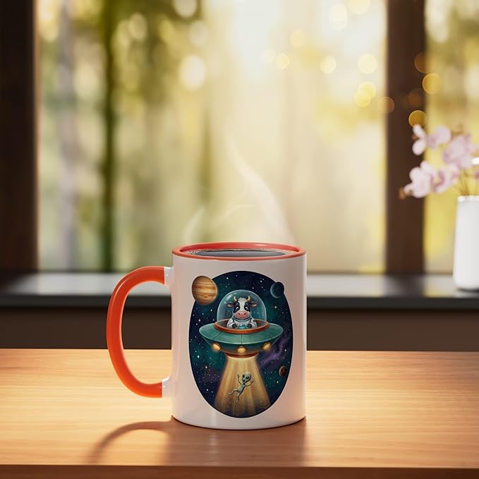 Fuuny Cow Astronaut UFO Abducting Alien Space Farm Ceramic Mug, Orange/White