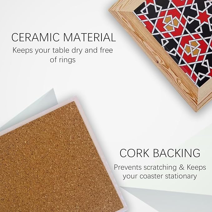 5-Pack Square Ceramic – Heat-Resistant Stone Drink Mats for Table, Modern Design for Coffee Table, Home Decor or Housewarming Gift (Bold Geometric Mosaic with Red and Black Tones)
