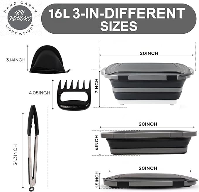 Collapsible BBQ Prep Tub 3-IN-1 16L Black | Portable Meat Marinating Container with Locking Cutting Board Lid, BBQ Tongs, 2 Meat Shredding Claws & 2 Heat-Resistant Grill Gloves for Camping & Grilling