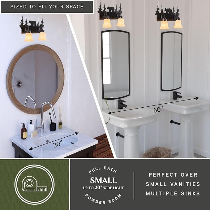 VAXCEL Bozeman 2-Light 16.75 inch Wide Burnished Bronze Rustic Cabin Bathroom Vanity Lighting Fixture, Amber Flake Glass Shade, Bear and Trees, Dimmable, LED Compatible, Over the Mirror Wall Mounted