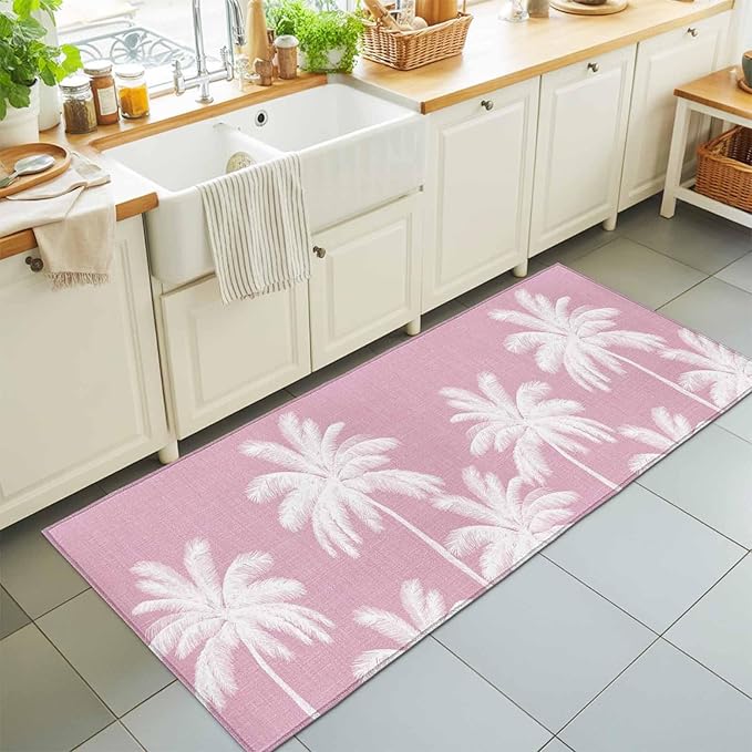 Runner Rug for Bedroom Hallway, Boho Pink Palm Trees Vintage Kitchen Runner Rugs Area Rug 2x6ft, Summer Tropical Leaves Washable Soft Floor Carpet for Entryway Stair