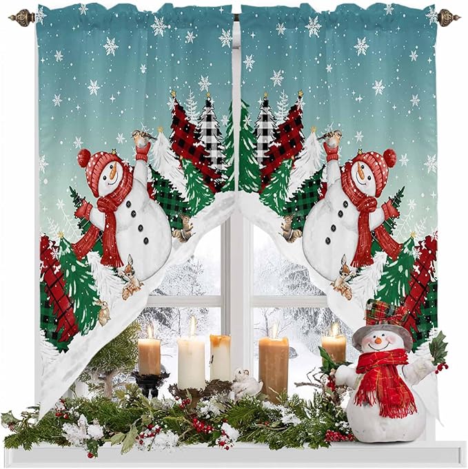 Christmas Snowman Swag Valance Curains Winter Xmas Tree Snowflakes Gradient Green Rod Pocket Kitchen Curtains Scalloped Window Treatment Valances Swag for Living Room Bedroom, 1 Pair, 28"W x 36"L