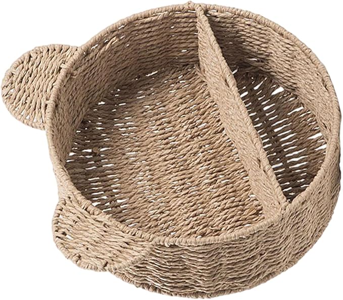 PURPLELILY Rattan Hanging Storage Basket Bear Ear Shape Wall Shelf Woven Wall Mounted Storage Rack Floating Shelves Home Decoration