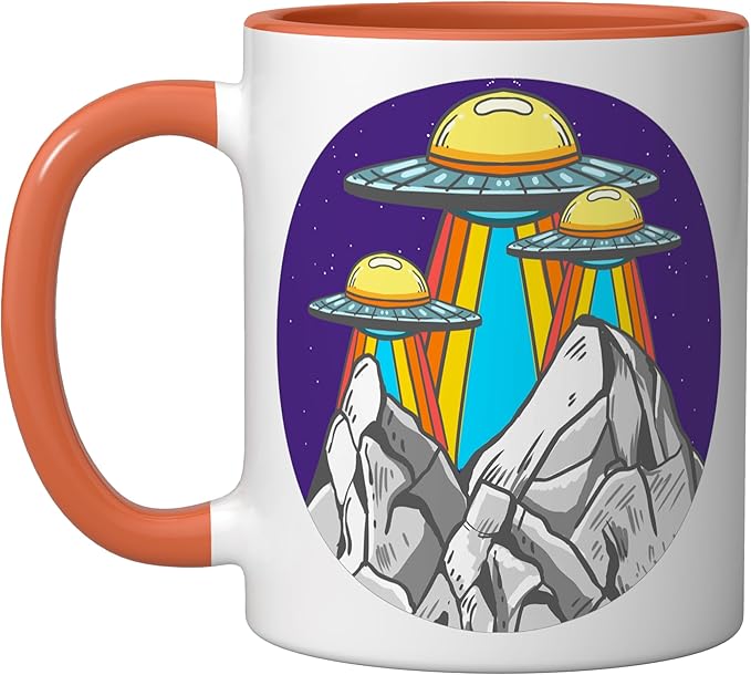 UFO Mountains Retro Spaceship Alien ET Space Galaxy Gift Ceramic Mug, Orange/White