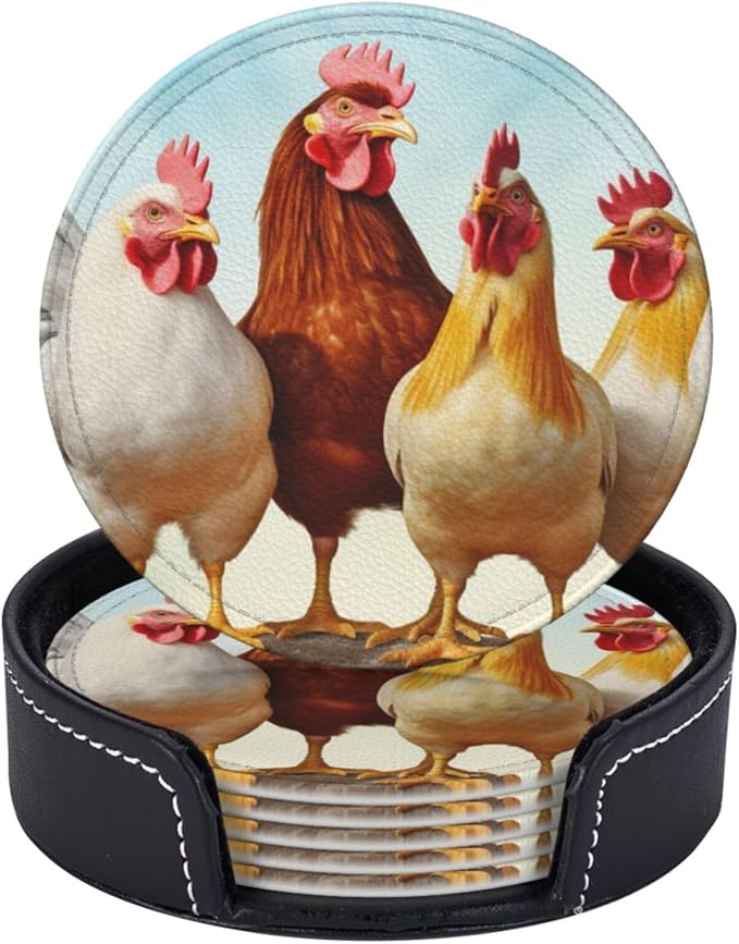 Famame 6 Pcs Chicken Roosters Farm Animals Leather Coasters for Drinks with Holder Coaster Sets Drink Table Cup Coasters for Living Room Kitchen Coffee Decor