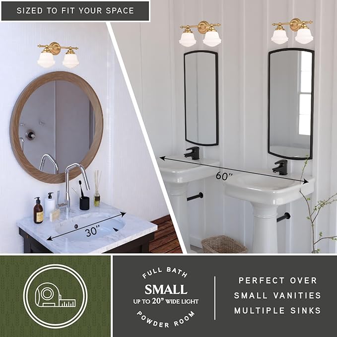VAXCEL Huntley 2-Light 16 inch Wide Natural Brass Gold Farmhouse Bathroom Vanity Lighting Fixture, White Schoolhouse Milk Glass Globe Shade, Dimmable, LED Compatible, Over The Mirror Wall Mounted