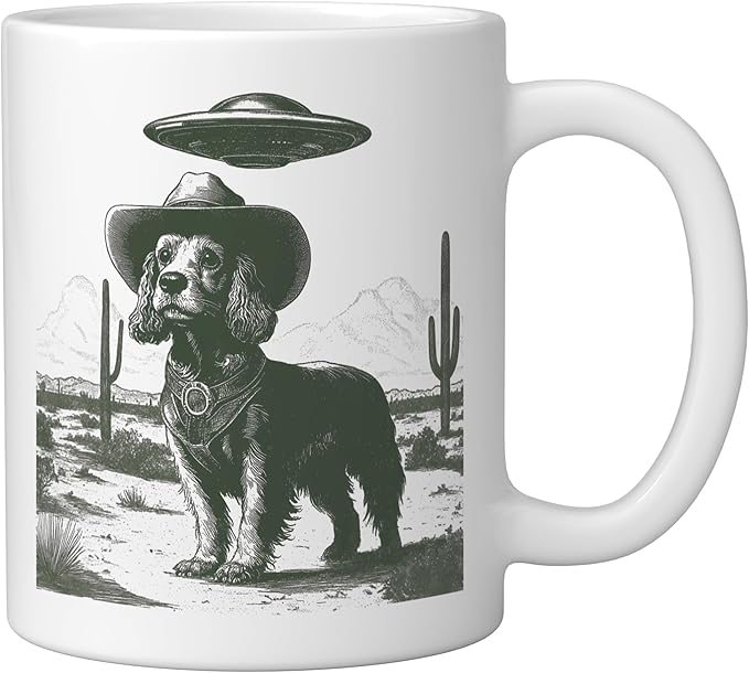 Funny Cowboy Dog UFO Alien Desert Cactus Western Canine Ceramic Mug, White
