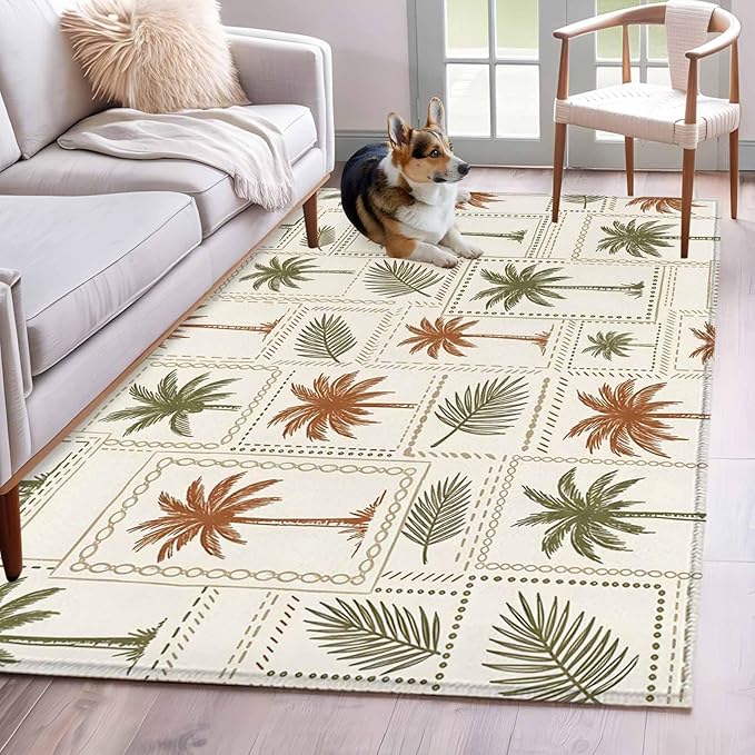 Area Rug 4x6ft, Vintage Coconut Tree Palm Leaves Washable Rugs for Living Room Bedroom, Farm Tropical Plant on Beige Soft Non-Slip Area Rugs Rectangle Floor Carpet for Dining Room
