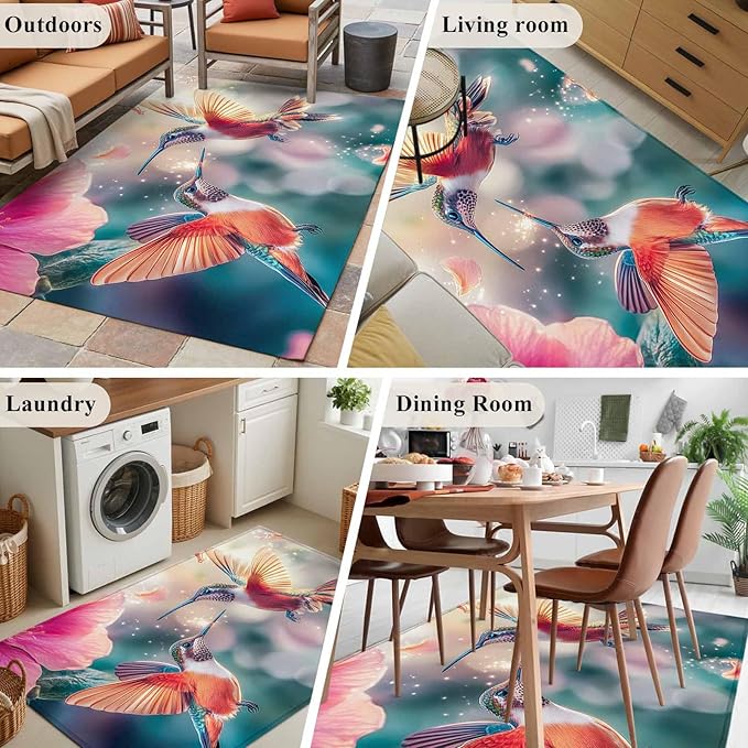 Area Rug 4x6ft, Spring Hummingbird Pink Petals Flowers Washable Rugs for Living Room Bedroom, Dreamlike Animal Focus Scenery Soft Non-Slip Area Rugs Rectangle Floor Carpet for Dining Room