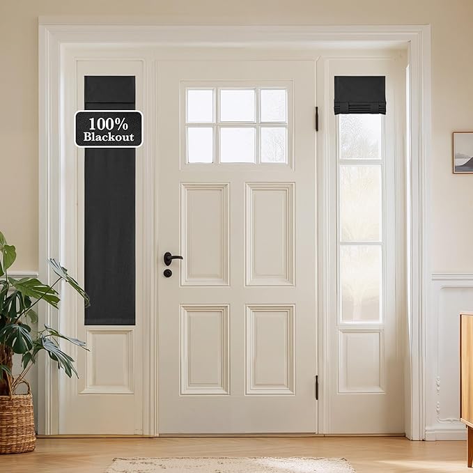 NICETOWN 100% Blackout Linen Side Door Curtains for Small Window, Privacy French Door Curtain 69 Inches Long for Kitchen Living Room, Room Darkening Tie Up Shade, 1 Panel, 12W x 69" L, Black