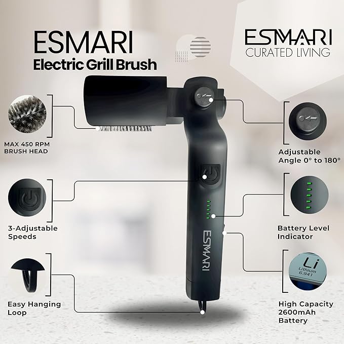 Electric Grill Brush, 90 Minute Runtime, 3-Speed Motor, No-Shedding Stainless Steel Bristles, 2026 Upgraded Grill Cleaner with Grinding Wheel, Design by a US Brand, Premium Gift for Men & Dad