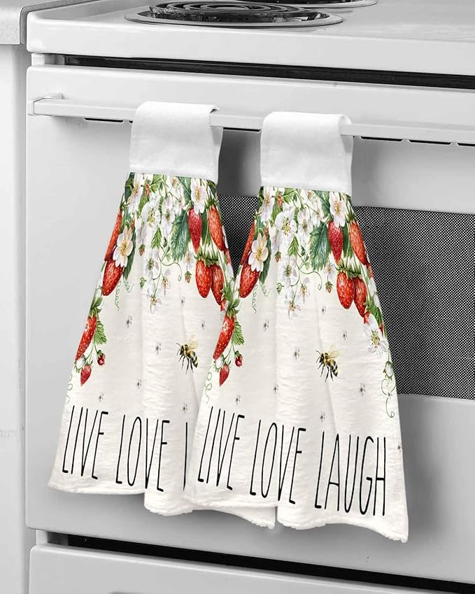 Alandar Home Kitchen Tie Towel Set of 2, Watercolor Rustic Strawberry Flower Bee Absorbent Soft Hand Towels for Bathroom Hanging Towels, Farmhouse Landscape Fast Drying Cleaning Cloth with Loop