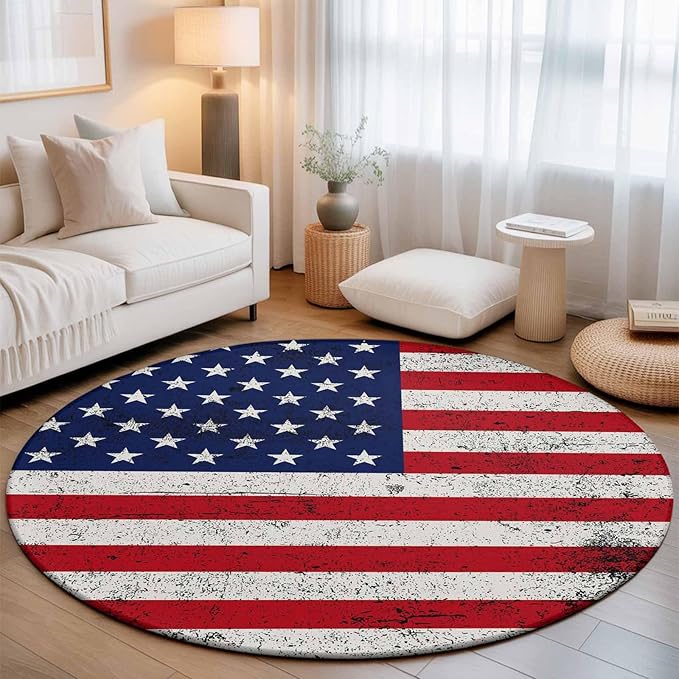 Washable Round Area Rug Independence Day Stars Stripes Retro Circle Rugs Floor Carpet for Living Room Bedroom, Patriotic Flag Red Blue Soft Non Slip Round Rug 5ft