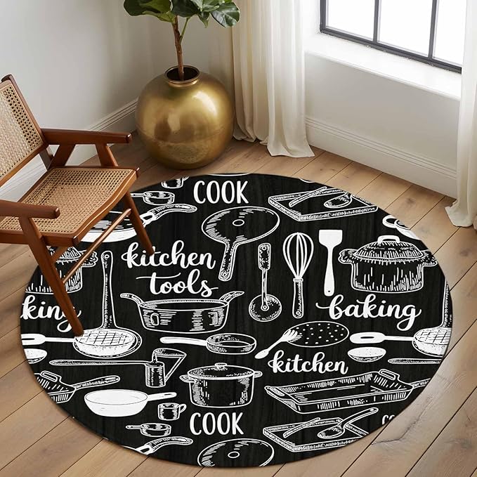 Black Kitchen Tools 5ft Round Rug, Modern Cooking Utensil Non-Skid Rubber Backing Large Area Rugs - Living Room Bedroom Home Office, Farmhouse Cookware Indoor Floor Mat Carpets Washable Rug