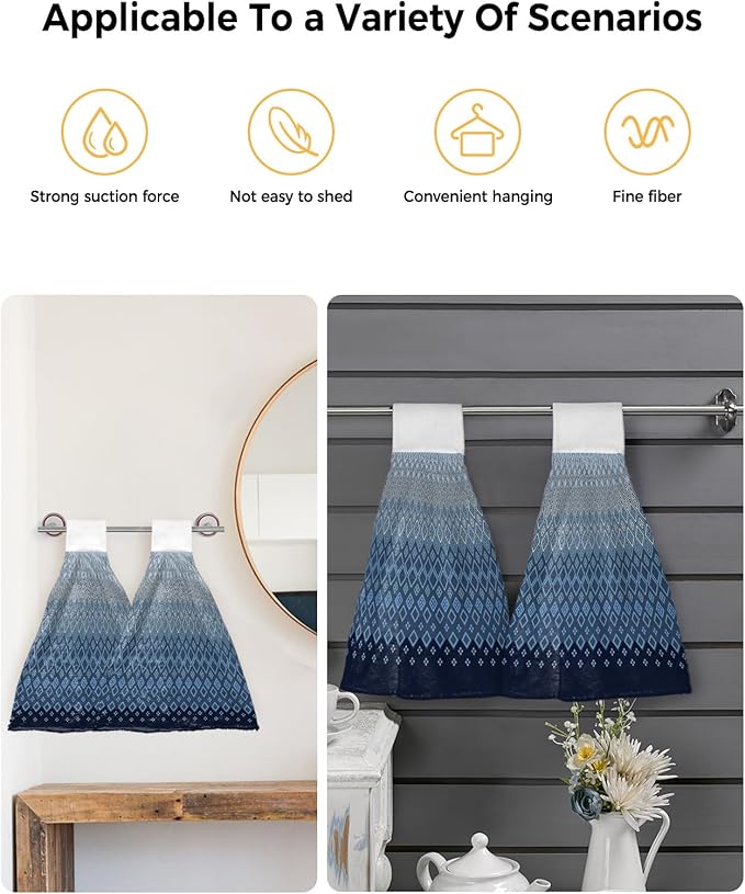 Alandar Home Kitchen Tie Towel Set of 2, Geometric Art Diamond Checker Absorbent Soft Hand Towels for Bathroom Hanging Towels, Modern Blue Ombre Gradient Fast Drying Cleaning Cloth with Loop
