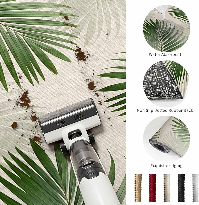Washable Round Area Rug Rustic Sage Green Palm Leaves on Linen Circle Rugs Floor Carpet for Living Room Bedroom, Summer Plants Soft Non Slip Round Rug 5ft