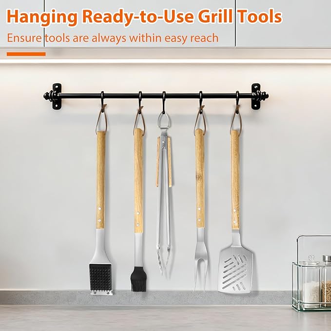 5 pcs Heavy-Duty Wooden BBQ Grilling Tools Set, Extra Thick Stainless Steel Multi-Functional Spatula, Fork, Tong, Oiling Brush & Cleaning Brush - an Excellent Barbecue Gift for Men