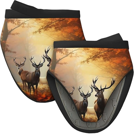 2 Pcs Mini Silicone Oven Mitts Deer Autumn Fall Heat Resistant Grilling Gloves with Hanging Loop, Maple Leaves Trees Short Kitchen Mittens for Cooking Baking BBQ