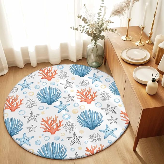 Washable Round Area Rug Coastal Starfish Shell Coral Circle Rugs Floor Carpet for Living Room Bedroom, Ocean Bubble Blue Black Orange Soft Non Slip Round Rug 3ft