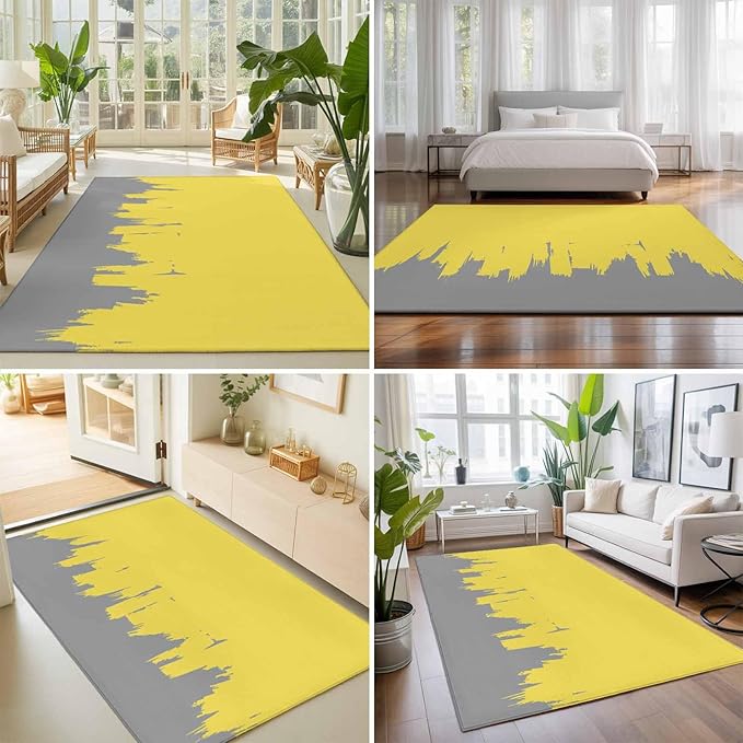 Area Rug 9x12ft, Abstract Yellow Grey Graffiti Washable Rugs for Living Room Bedroom Rectangle Floor Carpet, Oil Painting Artwork Soft Non-Slip Area Rugs for Dining Room