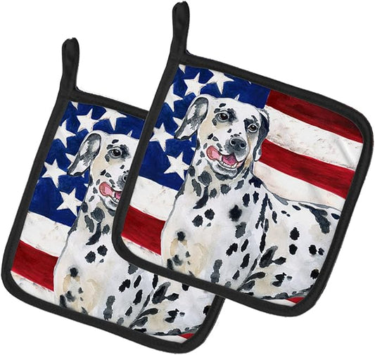 Caroline's Treasures BB9653PTHD Dalmatian Patriotic Pair of Pot Holders Kitchen Heat Resistant Pot Holders Sets Oven Hot Pads for Cooking Baking BBQ, 7 1/2 x 7 1/2