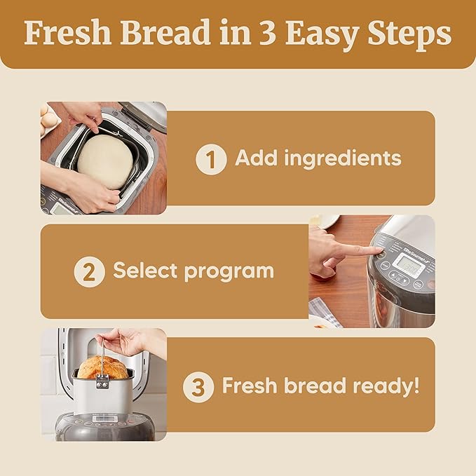 Elite Gourmet EBM8103SS Programmable Bread Maker Machine, 3 Loaf Sizes, 19 Menu Functions Gluten Free White Wheat Rye French and more, 2 Lb, Stainless Steel
