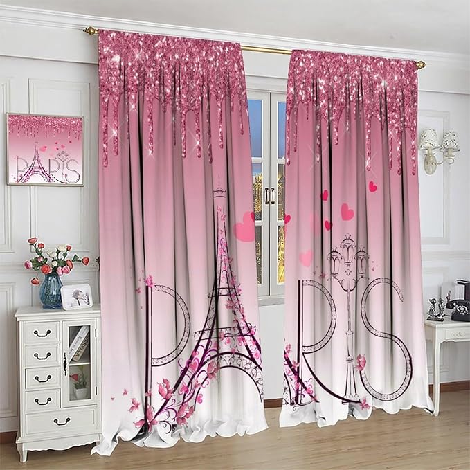 Eiffel Tower Blackout Curtain,Pink Glitter Romantic Paris Floral Abstract Window Treatment Curtains Dining Room Living Room Kitchen Cafe Bedroom Office Drapes,55x63 in