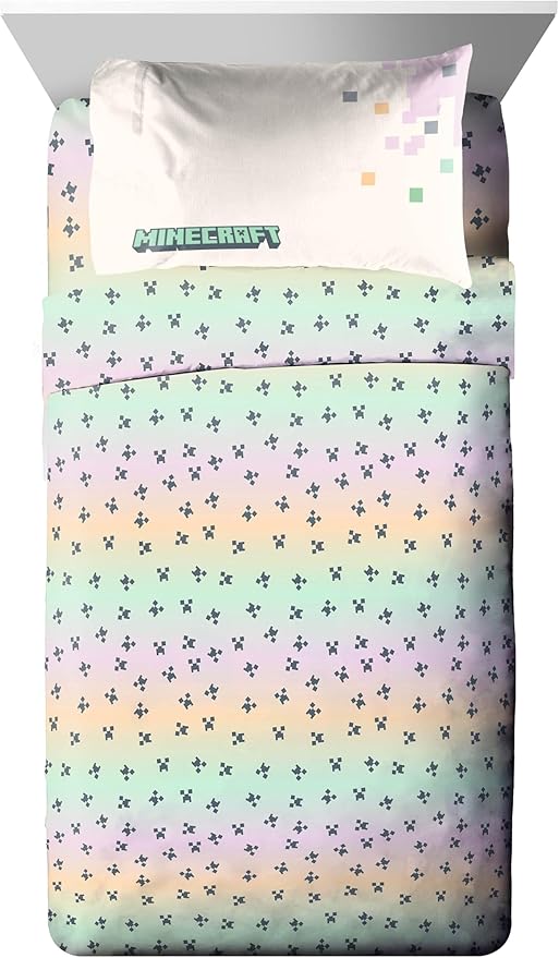 Minecraft Creeper Twin Comforter Set - 5 Piece Bedding Includes Sheet Set & Pillow Covers - Super Soft Pink & Green Kids Bedding