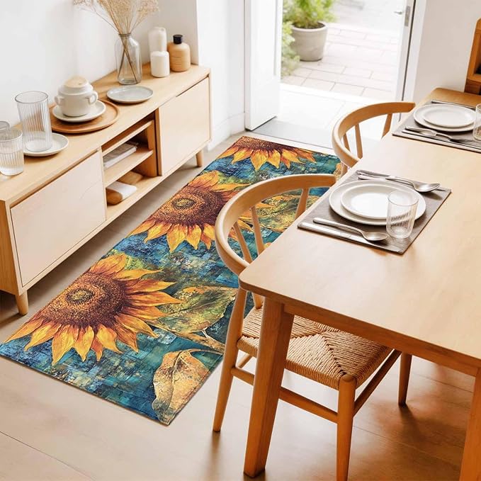Runner Rug for Bedroom Hallway, Rustic Golden Sunflower on Teal Blue Kitchen Runner Rugs Area Rug 2x6ft, Abstract Floral Washable Soft Floor Carpet for Entryway Stair