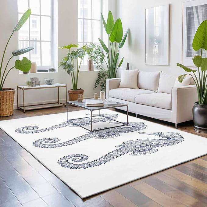 Area Rug 8x10ft, Summer Light Blue Seahorse Washable Rugs for Living Room Bedroom, Underwater Ocean Animals Soft Non-Slip Area Rugs Rectangle Floor Carpet for Dining Room