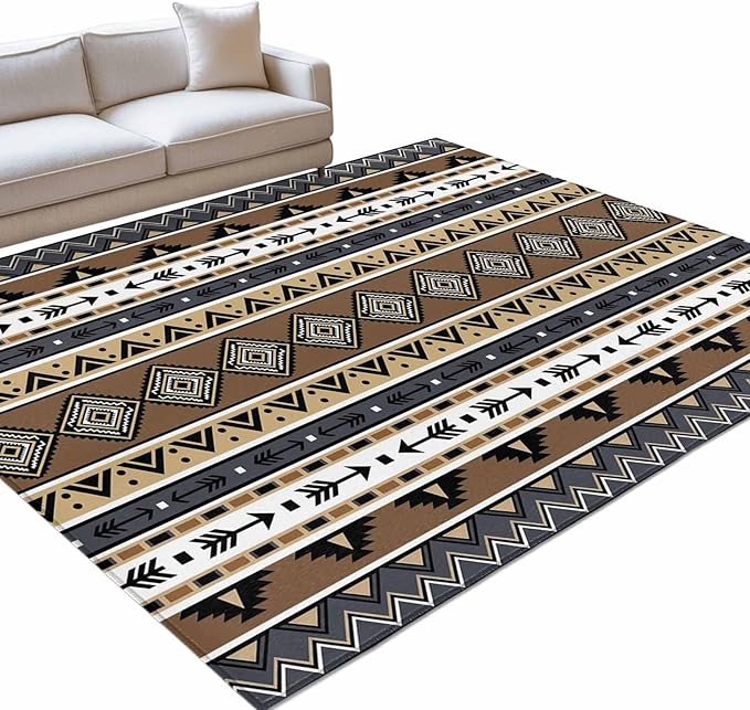 Area Rug 9x12ft, Boho Tribal Stripes Washable Rugs for Living Room Bedroom Rectangle Floor Carpet, Ethnic Borders Arrow Motifs Soft Non-Slip Area Rugs for Dining Room