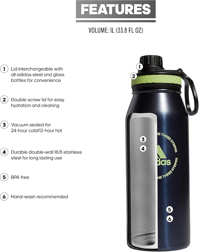 adidas Stainless Steel Metal Water Bottle 34 oz (1L) Screw Cap