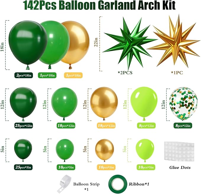 Green and Gold Balloons Garland Arch Kit with Stars Different Shade Green Balloons for Birthday 2026 Graduation Baby Shower Junle Safari Dinosaur Party Anniversary Decorations