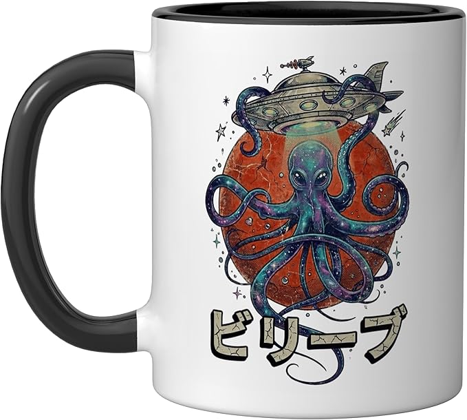 Retro Vintage Japanese Octopus Kraken Alien Planet Galaxy Ceramic Mug, Black/White