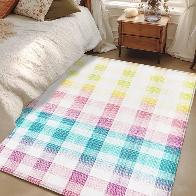 Area Rug 3x5ft, Easter Red Yellow Blue Stripes Washable Rugs for Living Room Bedroom, Abstract Buffalo Plaid Soft Non-Slip Area Rugs Rectangle Floor Carpet for Dining Room