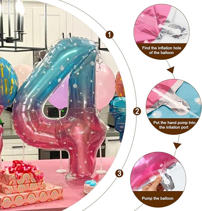 Balloon Number 4, Number Balloon for 4th Birthday Decorations, 40 Inch Big Balloons for 4, 14, 40 Wedding Anniversaries Party Girls Boys, Blue and Pink