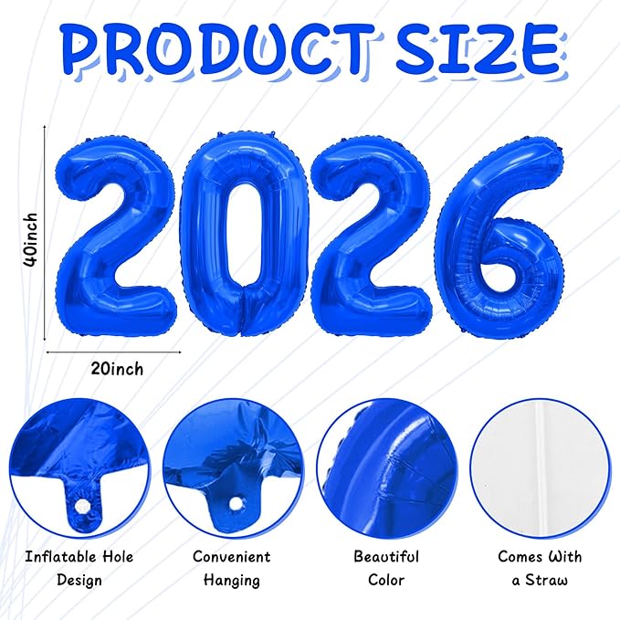 2026 Blue Foil Numbers Balloons(40 Inch) Happy New Years Eve Party Supplies 2026 New Year Graduation Balloons Decorations 20 26 Signs Props Birthday Anniversary Wedding Festival Ornament Decor