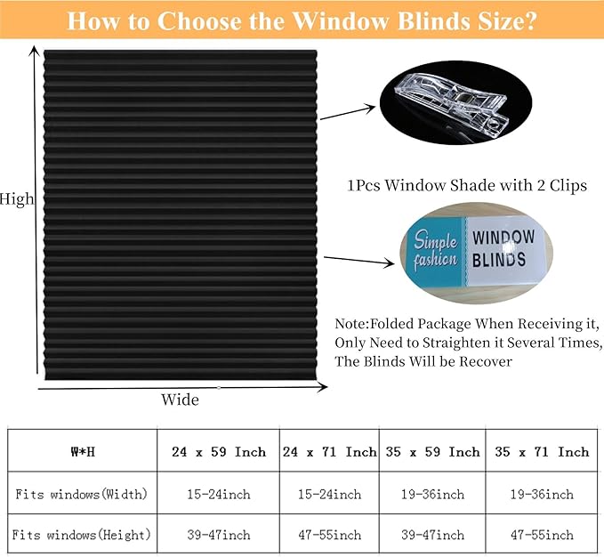 MALOKI Pleated Window Blinds,Temporary Window Shades Cordless Light Filtering Pleated Paper Shades Room Darkening Blinds for Home Bedroom Office (Black, 35 Inch x 59)