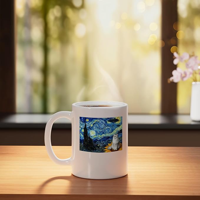 Cosmic Cat on Sunflower Space UFO Night for Men Women Ceramic Mug, White