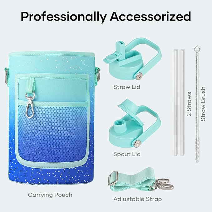 BUZIO 64oz Insulated Water Bottle with Straw Lid and Spout Cap, Stainless Steel Powder-Coat Water Flask, Keep Beverage Cold for 48 Hrs Hot for 24 Hrs Simple Thermo Canteen Mug, Starry Gradient Blue