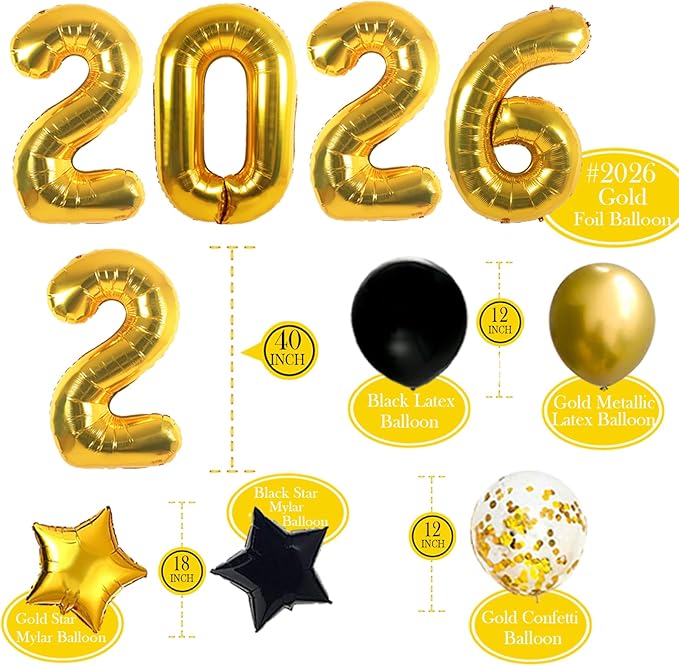 JOJO FLY New Years Eve Party Decorations Kit, Gold 2026 Balloons, Black and Gold Balloons Set, Gold Foil Curtain, Graduation Decorations, New Years Eve Party Supplies 2026