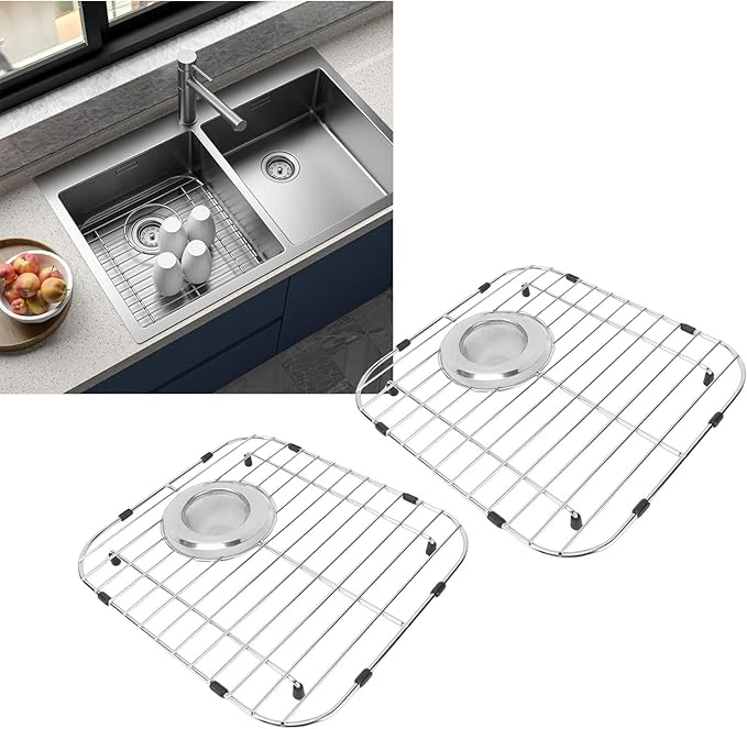 Kikumi Kitchen Sink Grate, Stainless Steel Bottom Protector Shelf with 2 Strainers for Single Bowl Sinks