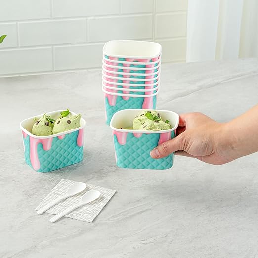 Restaurantware Paper Cups 200 Count 12 Ounce Square Disposable Ice Cream Containers, Leak-Resistant Paper Dessert To Go Cups, Hot And Cold Food, Durable Bubblegum Splash Design