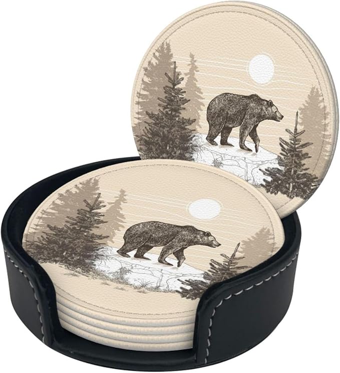Famame 6 Pcs Vintage Bear in Stone Leather Coasters for Drinks with Holder Coaster Sets Drink Table Cup Coasters for Living Room Kitchen Coffee Decor