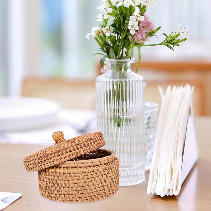 MAGICLULU Vintage Rattan Storage Box with Lid Small Round Woven Basket for Desktop Sundries Organizer Home Kitchen Storage