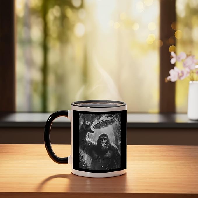 Funny Sasquatch Bigfoot Rock On Selfie with UFO Alien Saucer Ceramic Mug, Black/White