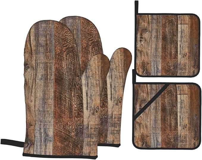 Oven Mitts and Pot Holders Sets of 4,Vintage Brown Wood Splicing Pattern,Oven Mitts Heat Resistant Oven Gloves Set Potholders for Kitchen Baking Grilling